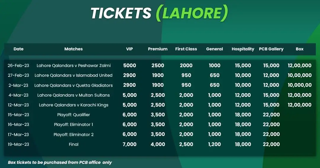 PSL 8 Lahore Gaddafi Stadium Tickets 2023