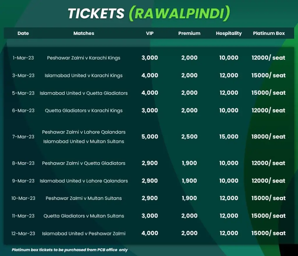 PSL 8 Pindi Cricket Stadium Tickets 2023
